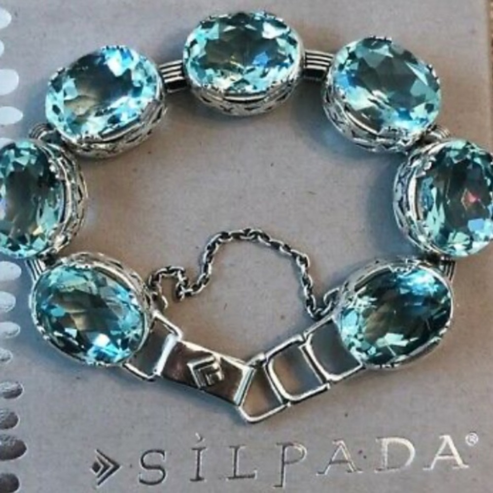 Rare Retired Silpada Sterling Silver and Aqua Glass Statement Bracelet B2093